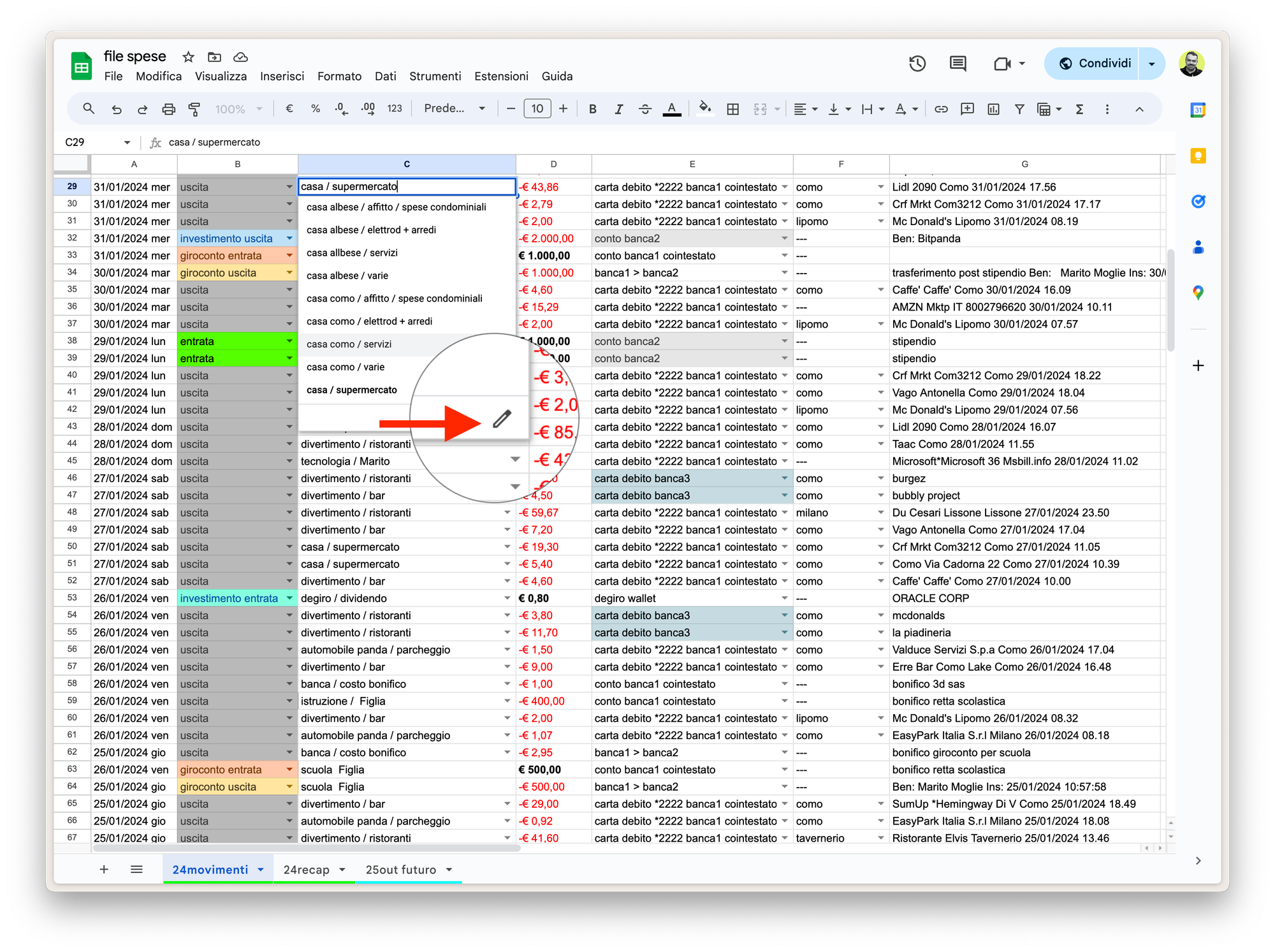 File tabellare delle spese